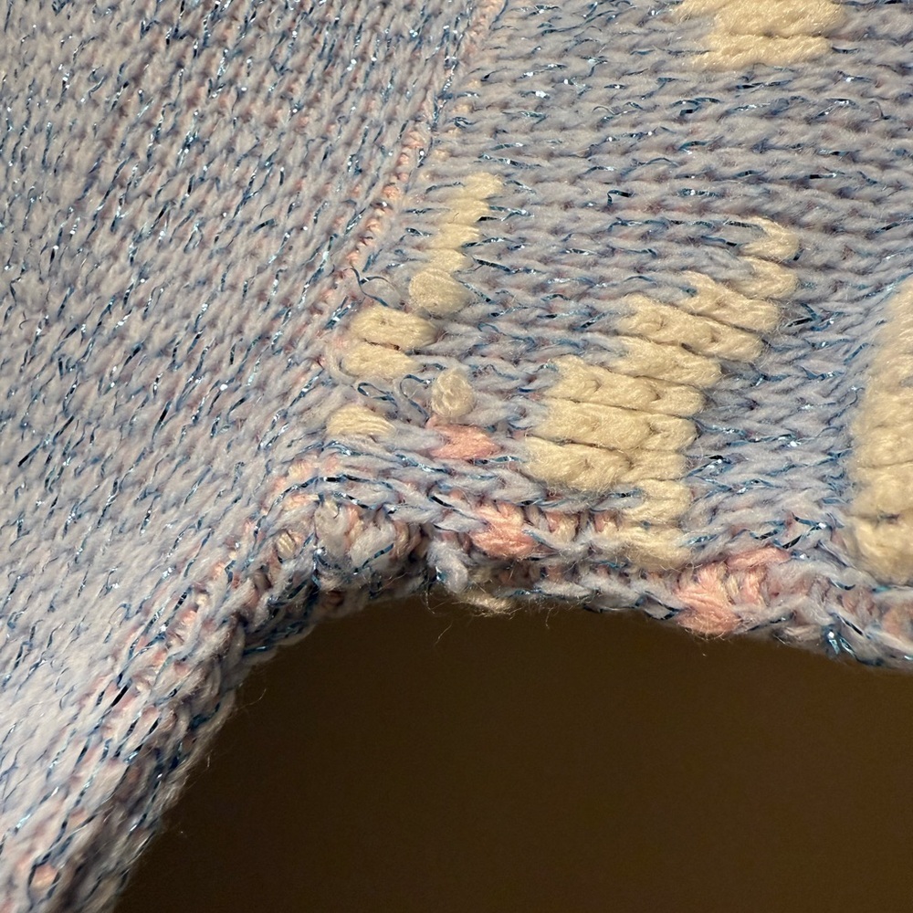 Vtg 80s Light Blue Bird Cherry Blossom Metallic Shimmer Knit Sweater Pastel L/M - Picture 6 of 7